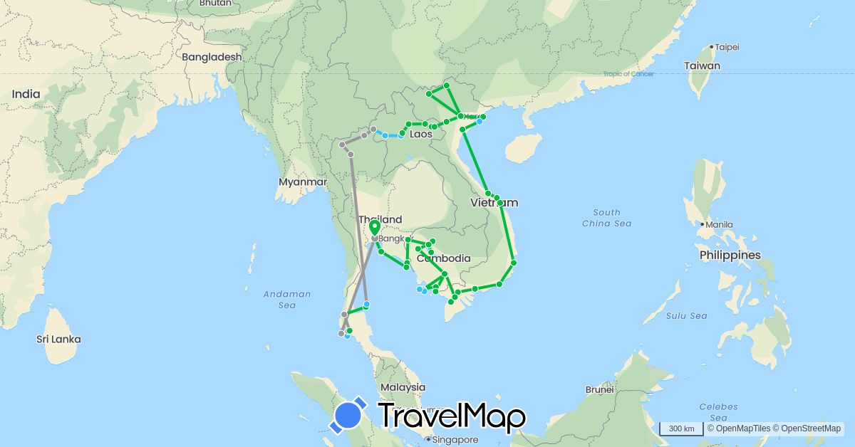 TravelMap itinerary: driving, bus, plane, boat in Cambodia, Laos, Thailand, Vietnam (Asia)